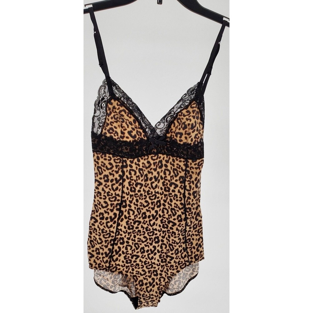 Candies Leopard Print Lace Trim Bodysuit Juniors Medium Brown Black‎ Stretch New
